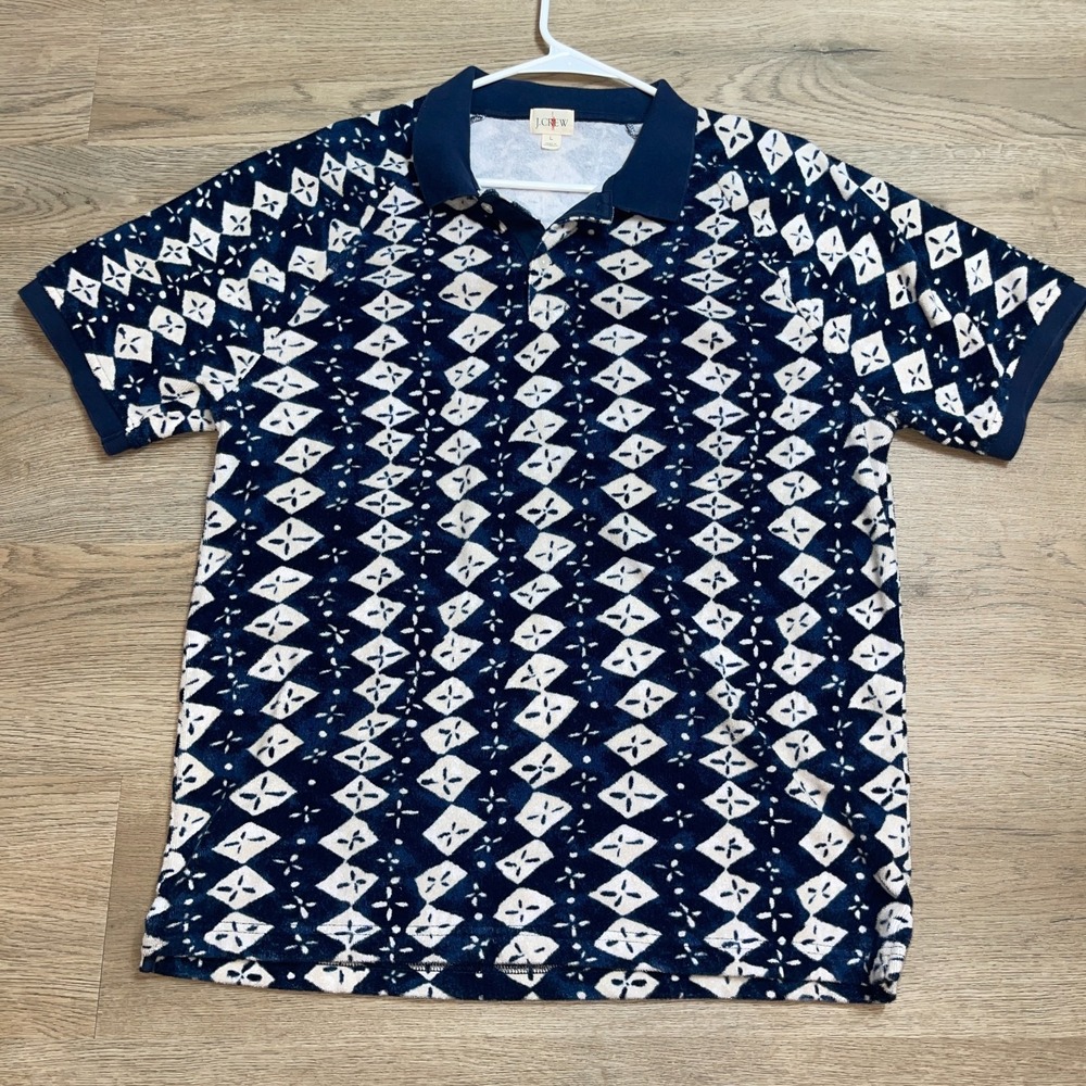 JCrew Polo Shirt Mens L Blue White Diamond Geometric Geometric Terry Cloth